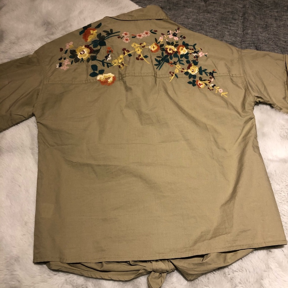 Madewell embroidered tie front safari shirt